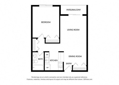 Floor plan for 1 bed, 1 bath, 620 sqft